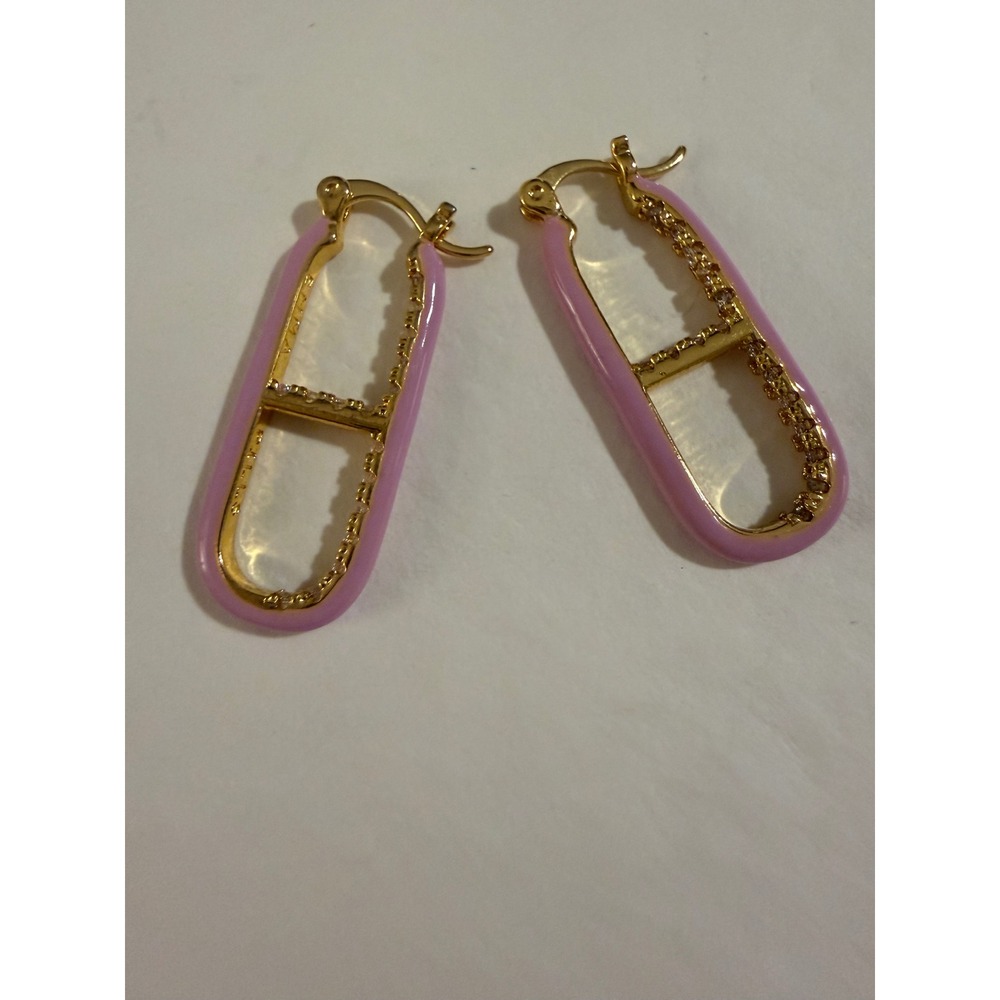 Emma Pills Pink Enamel Gold Tone Pill Shaped Hoop Earrings Crystal Accent